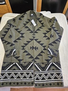 FRYE Cardigan Sweater Womens M Green Black Aztec Southwestern Duster Open Front